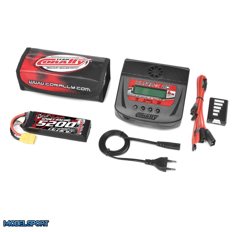Team Corally - Energy Pack - Lipo 60C - 5200MAH - 3S - XT-90 - Semi-Soft Case + Ultra-X 80 - 1-6S AC/DC Charger + Lipo Safety Bag + Charge-Balance Lead