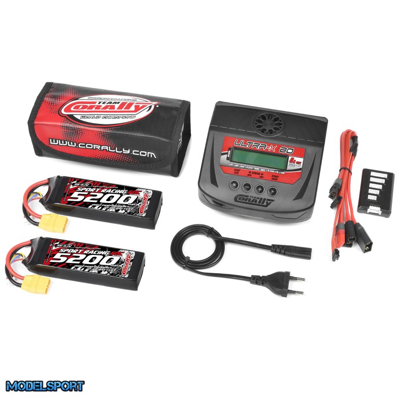 Team Corally - Energy Pack - 2X Lipo 60C - 5200MAH - 3S - XT-90 - Semi-Soft Case + Ultra-X 80 - 1-6S AC/DC Charger + Lipo Safety Bag + Charge-Balance Lead
