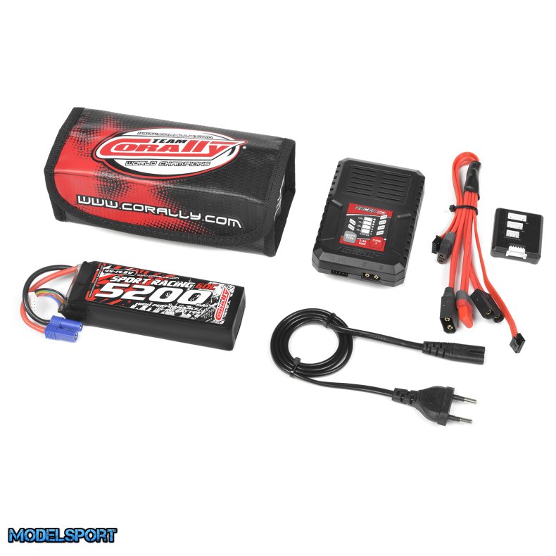 Team Corally - Energy Pack - Lipo 60C - 5200MAH - 4S - EC-5 - Semi-Soft Case + Racer 50 - 2-4S AC Charger + Lipo Safety Bag + Charge-Balance Lead