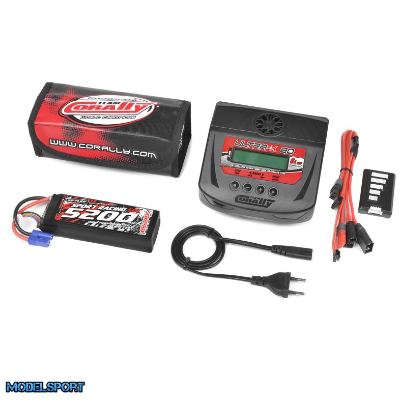 Team Corally - Energy Pack - Lipo 60C - 5200MAH - 4S - EC-5 - Semi-Soft Case + Ultra-X 80 - 1-6S AC/DC Charger + Lipo Safety Bag + Charge-Balance Lead