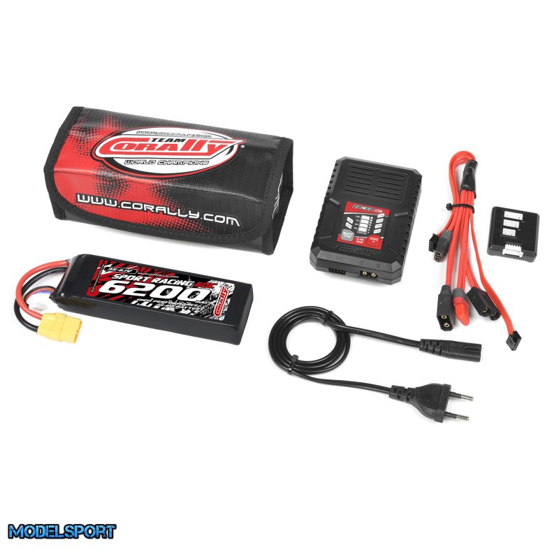 Team Corally - Energy Pack - Lipo 60C - 6200Mah - 3S - XT-90 - Semi-Soft Case + Racer 50 - 2-4S AC Charger + Lipo Safety Bag + Charge-Balance Lead