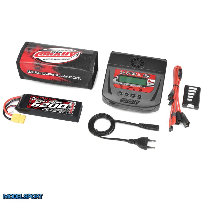 Team Corally - Energy Pack - Lipo 60C - 6200Mah - 3S - XT-90 - Semi-Soft Case + Ultra-X 80 - 1-6S AC/DC Charger + Lipo Safety Bag + Charge-Balance Lead