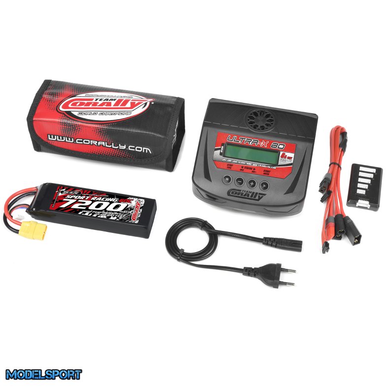 Team Corally - Energy Pack - Lipo 60C - 7200Mah - 3S - XT-90 - Semi-Soft Case + Ultra-X 80 - 1-6S AC/DC Charger + Lipo Safety Bag + Charge-Balance Lead