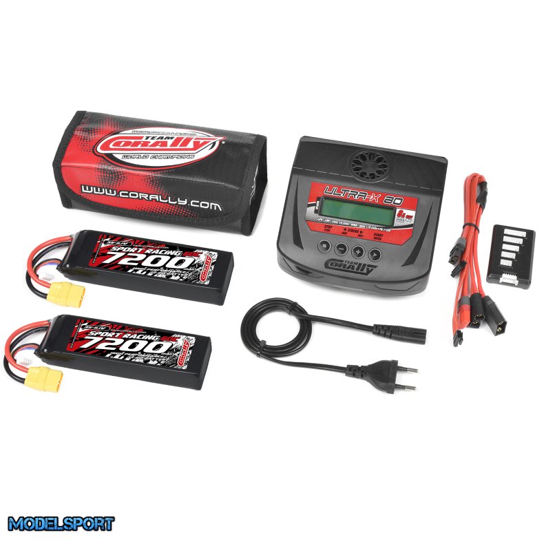Team Corally - Energy Pack - 2X Lipo 60C - 7200Mah - 3S - XT-90 - Semi-Soft Case + Ultra-X 80 - 1-6S AC/DC Charger + Lipo Safety Bag + Charge-Balance Lead