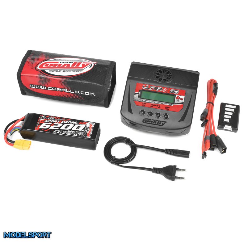 Team Corally - Energy Pack - Lipo 60C - 6200Mah - 4S - XT-90 - Semi-Soft Case + Ultra-X 80 - 1-6S AC/DC Charger + Lipo Safety Bag + Charge-Balance Lead