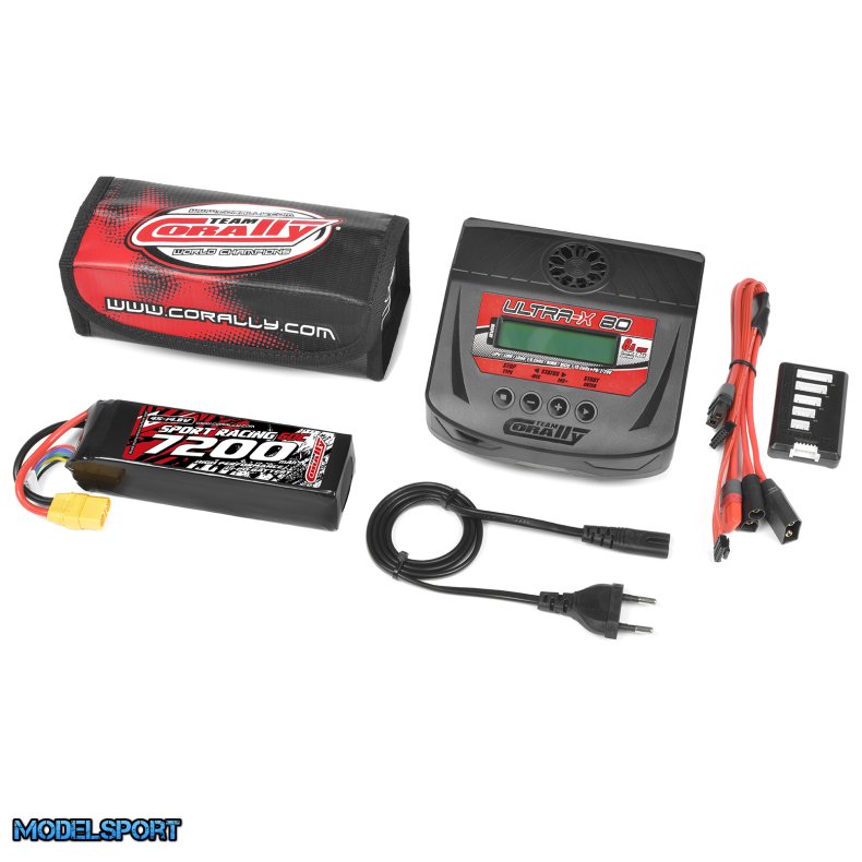 Team Corally - Energy Pack - Lipo 60C - 7200Mah - 4S - XT-90 - Semi-Soft Case + Ultra-X 80 - 1-6S AC/DC Charger + Lipo Safety Bag + Charge-Balance Lead