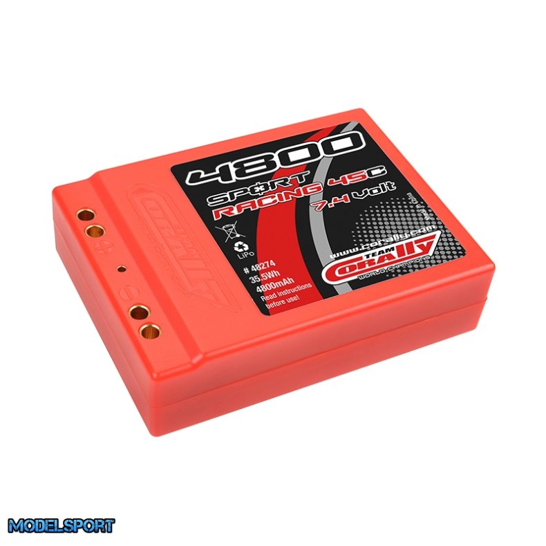 Team Corally - Sport Racing 45C - 4800 mAh - 7,4V 2S - Competition Li-Po Battery Pack - Stick SQUARE Hardcase - Dual Gold Connector 4mm