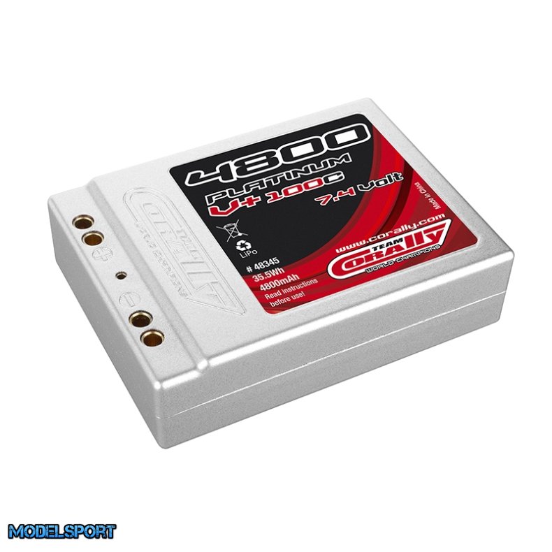 Team Corally - Platinum V+ 100C - 4800 mAh - 7,4V 2S - Competition Li-Po Battery Pack - Stick SQUARE Hardcase - Dual Gold Connector 4mm