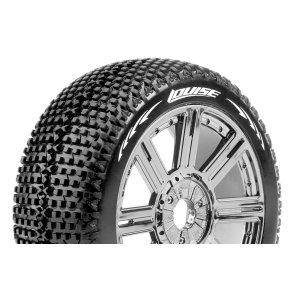 Louise RC - B-TURBO - 1-8 Buggy Tire Set - Mounted - Soft - Black-Chrome Spoke Wheels - Hex 17mm - L-T3104SBC