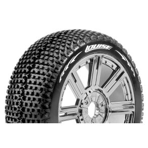 Louise RC - B-TURBO - 1-8 Buggy Tire Set - Mounted - Super Soft - Black-Chrome Spoke Wheels - Hex 17mm - L-T3104VBC