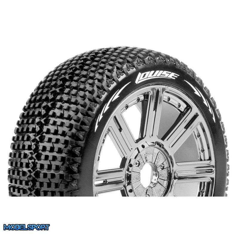 Louise RC - B-TURBO - 1-8 Buggy Tire Set - Mounted - Super Soft - Black-Chrome Spoke Wheels - Hex 17mm - L-T3104VBC