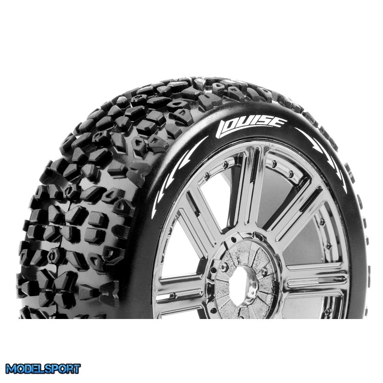 Louise RC - B-MAZINGER - 1-8 Buggy Tire Set - Mounted - Soft - Black-Chrome Spoke Wheels - Hex 17mm - L-T3108SBC