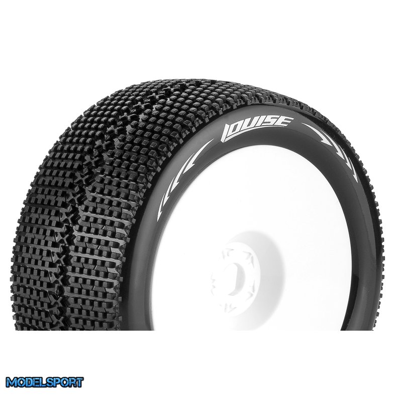 Louise RC - T-TURBO - 1-8 Truggy Tire Set - Mounted - Soft - White Wheels - 0-Offset - Hex 17mm - L-T3112SW