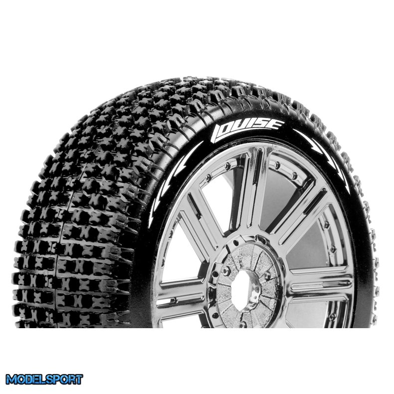 Louise RC - B-PIRATE - 1-8 Buggy Tire Set - Mounted - Soft - Black-Chrome Spoke Wheels - Hex 17mm - L-T3126SBC