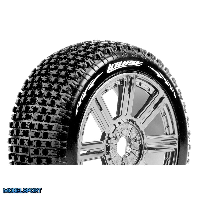 Louise RC - B-PIRATE - 1-8 Buggy Tire Set - Mounted - Super Soft - Black-Chrome Spoke Wheels - Hex 17mm - L-T3126VBC