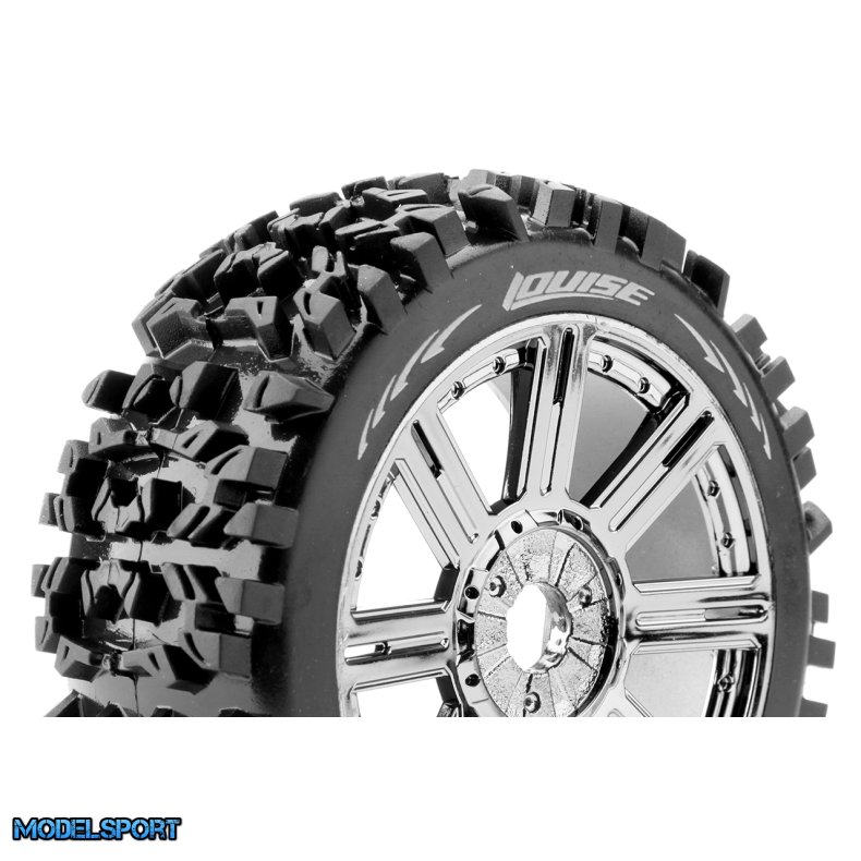 Louise RC - B-PIONEER - 1-8 Buggy Tire Set - Mounted - Soft - Black-Chrome Spoke Wheels - Hex 17mm - L-T3130SBC