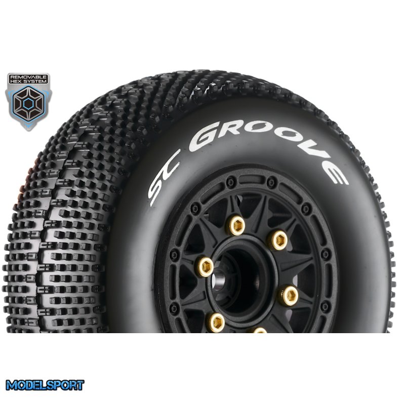 Louise RC - SC-GROOVE - 1-10 Short Course Tire Set - Mounted - Soft - Black Wheels - Removable 1-10 SC Hex - 12, 14, 17mm - L-T3146SB