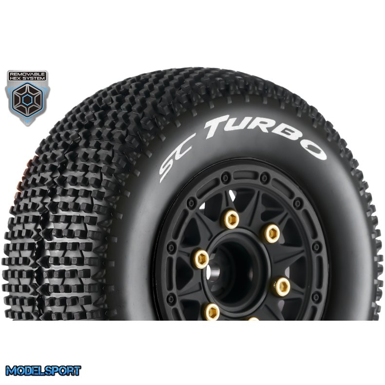 Louise RC - SC-TURBO - 1-10 Short Course Tire Set - Mounted - Soft - Black Wheels - Removable 1-10 SC Hex - 12, 14, 17mm - L-T3147SB