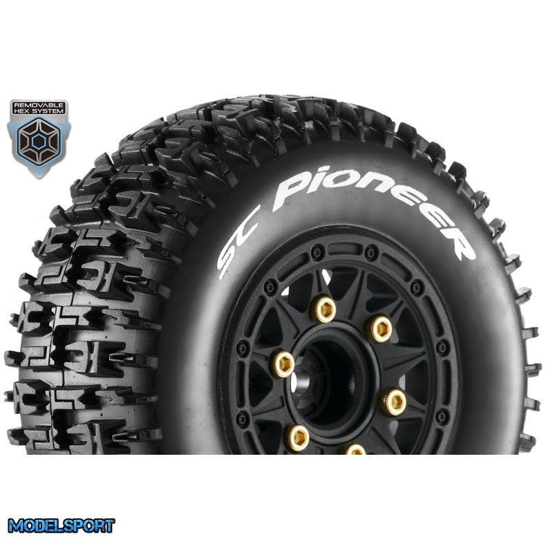 Louise RC - SC-PIONEER - 1-10 Short Course Tire Set - Mounted - Soft - Black Wheels - Removable 1-10 SC Hex - 12, 14, 17mm - L-T3148SB