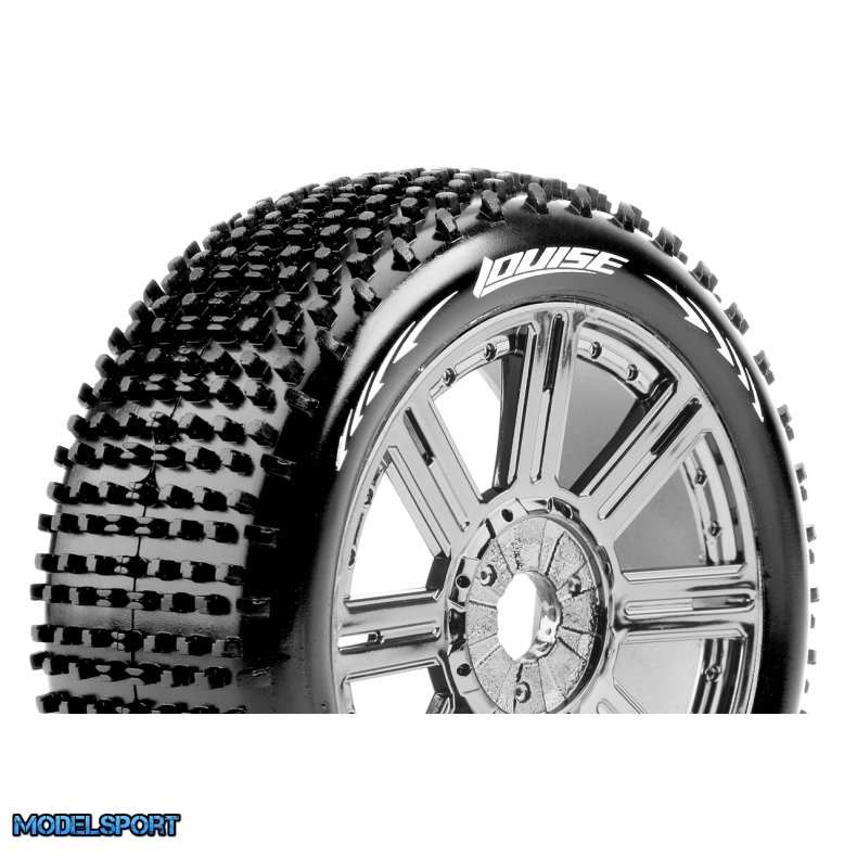 Louise RC - B-HORNET - 1-8 Buggy Tire Set - Mounted - Soft - Black-Chrome Spoke Wheels - Hex 17mm - L-T3150SBC