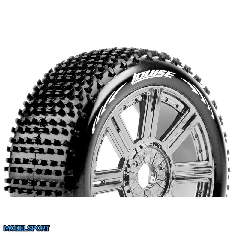 Louise RC - B-HORNET - 1-8 Buggy Tire Set - Mounted - Super Soft - Black-Chrome Spoke Wheels - Hex 17mm - L-T3150VBC