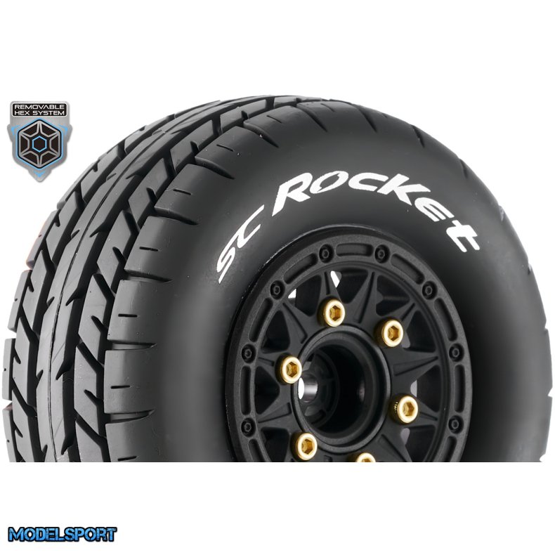 Louise RC - SC-ROCKET - 1-10 Short Course Tire Set - Mounted - Soft - Black Wheels - Removable 1-10 SC Hex - 12, 14, 17mm - L-T3154SB