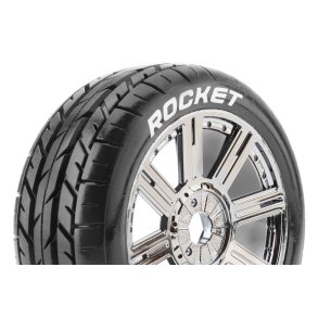 Louise RC - B-ROCKET - 1-8 Buggy Tire Set - Mounted - Soft - Black-Chrome Spoke Wheels - Hex 17mm - L-T3190SBC