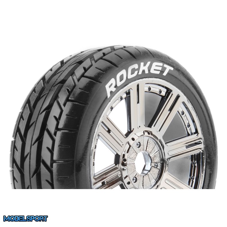 Louise RC - B-ROCKET - 1-8 Buggy Tire Set - Mounted - Soft - Black-Chrome Spoke Wheels - Hex 17mm - L-T3190SBC