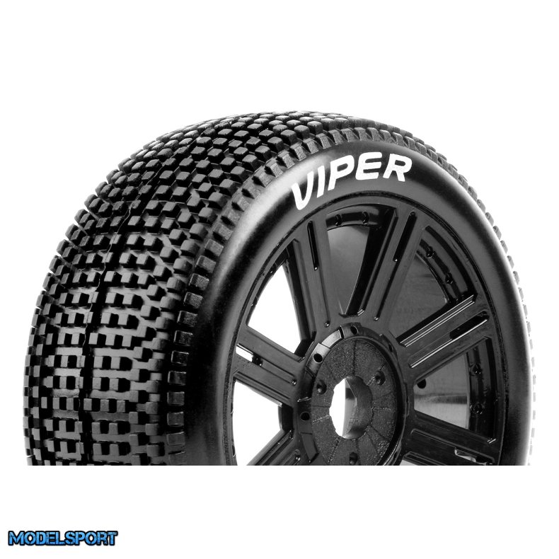 Louise RC - B-VIPER-JA - 1-8 Buggy Tire Set - Mounted - Soft - Black Spoke Wheels - Hex 17mm - L-T3194SB