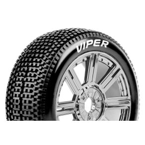 Louise RC - B-VIPER-JA - 1-8 Buggy Tire Set - Mounted - Soft - Black-Chrome Spoke Wheels - Hex 17mm - L-T3194SBC