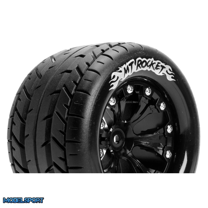 Louise RC - MT-ROCKET - 1-10 Monster Truck Tire Set - Mounted - Sport - Black 2.8 Wheels - 0-Offset - Hex 12mm - L-T3201SB
