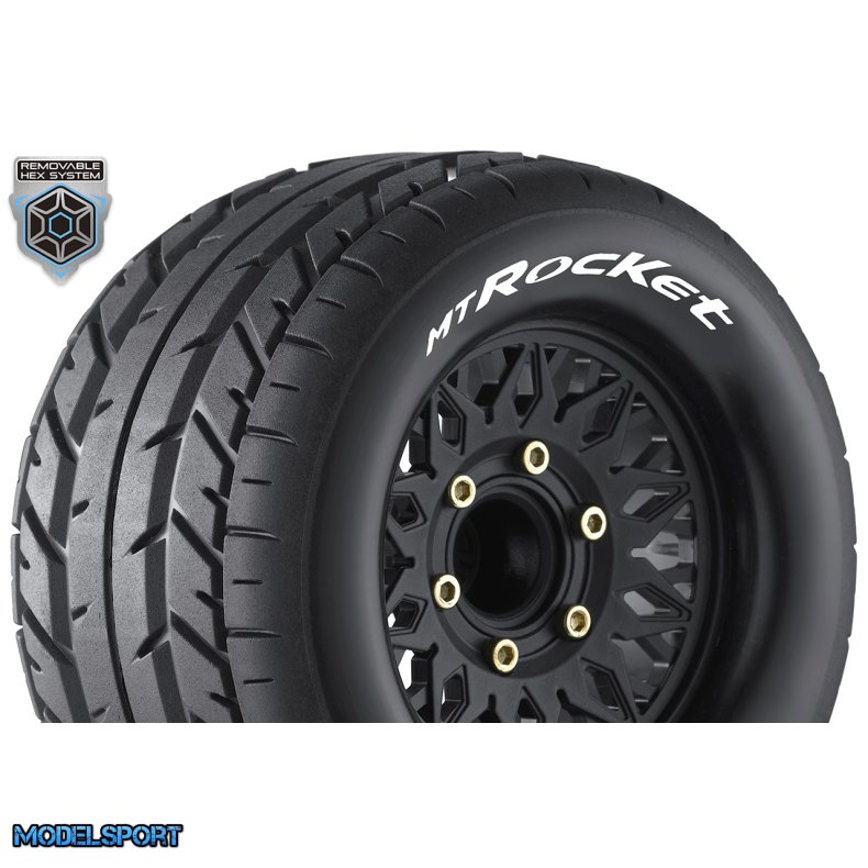 Louise RC - MT-ROCKET - 1-10 Monster Truck Tire Set - Mounted - Sport - Black Wheels - Removable HEX 12 Narrow, 12 Wide, 14, 17mm - L-T3201SX