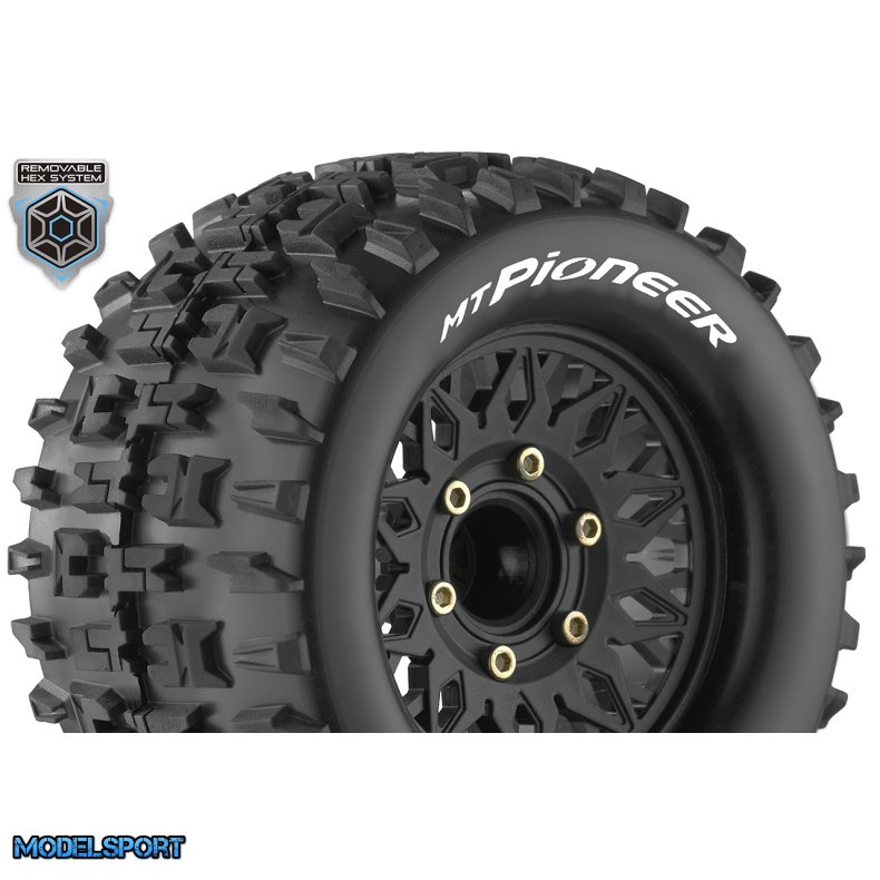 Louise RC - MT-PIONEER - 1-10 Monster Truck Tire Set - Mounted - Sport - Black Wheels - Removable HEX 12 Narrow, 12 Wide, 14, 17mm - L-T3202SX