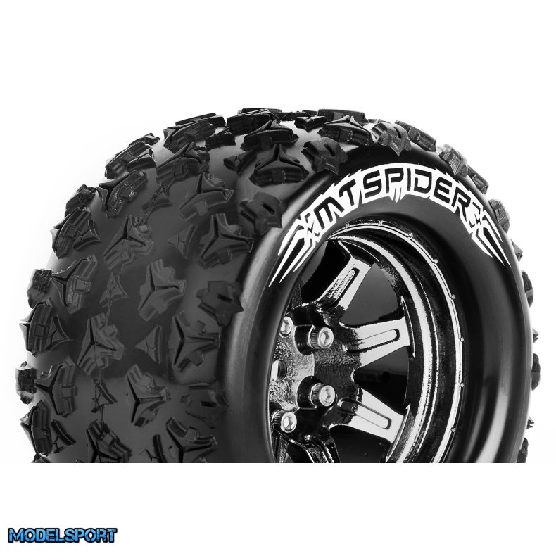 Louise RC - MT-SPIDER - 1-10 Monster Truck Tire Set - Mounted - Sport - Black Chrome 2.8 Wheels - Hex 14mm - L-T3203SBCM