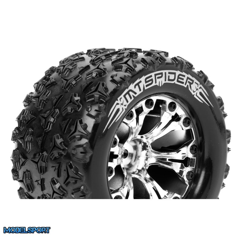 Louise RC - MT-SPIDER - 1-10 Monster Truck Tire Set - Mounted - Sport - Chrome 2.8 Wheels - 0-Offset - Hex 12mm - L-T3203SC