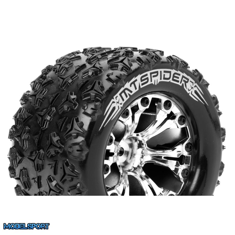 Louise RC - MT-SPIDER - 1-10 Monster Truck Tire Set - Mounted - Sport - Chrome 2.8 Wheels - 1/2-Offset - Hex 12mm - 1 pair - L-T3203SCH