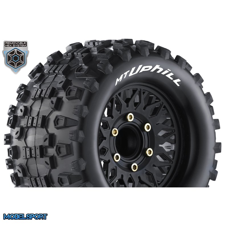 Louise RC - MT-UPHILL - 1-10 Monster Truck Tire Set - Mounted - Sport - Black Wheels - Removable HEX 12 Narrow, 12 Wide, 14, 17mm - L-T3204SX