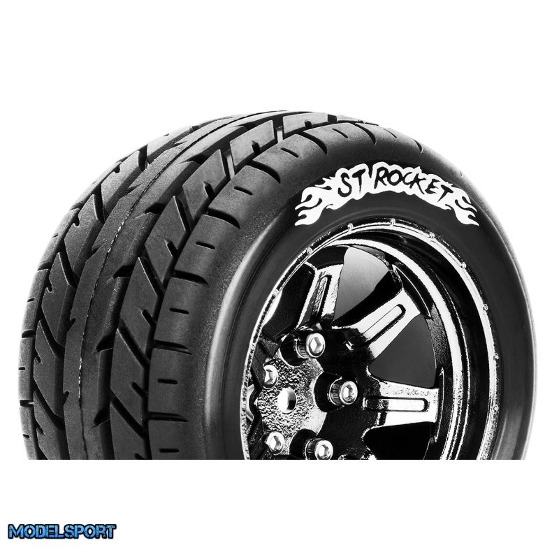 Louise RC - ST-ROCKET - 1-10 Stadium Truck Tire Set - Mounted - Sport - Black Chrome 2.8 Wheels - Hex 14mm - L-T3208SBCM