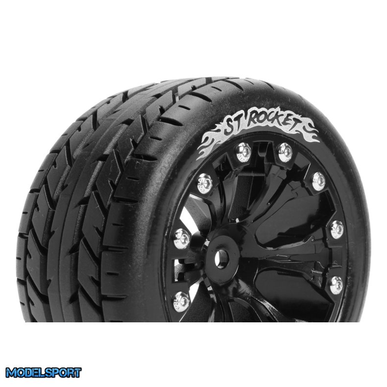 Louise RC - ST-ROCKET - 1-10 Stadium Truck Tire Set - Mounted - Sport - Black 2.8 Wheels - Hex 14mm - L-T3208SBM