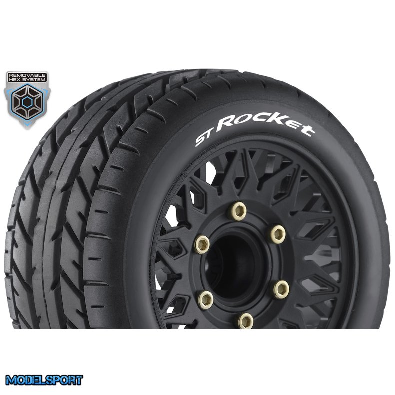 Louise RC - ST-ROCKET - 1-10 Stadium Truck Tire Set - Mounted - Sport - Black Wheels - Removable HEX 12 Narrow, 12 Wide, 14, 17mm - L-T3208SX