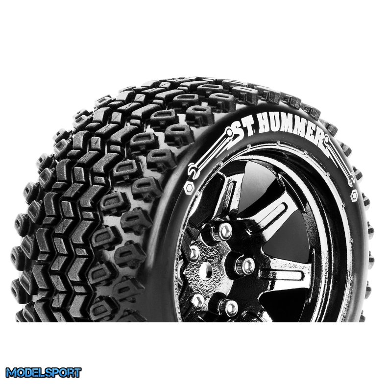 Louise RC - ST-HUMMER - 1-10 Stadium Truck Tire Set - Mounted - Sport - Black Chrome 2.8 Wheels - Hex 14mm - L-T3209SBCM