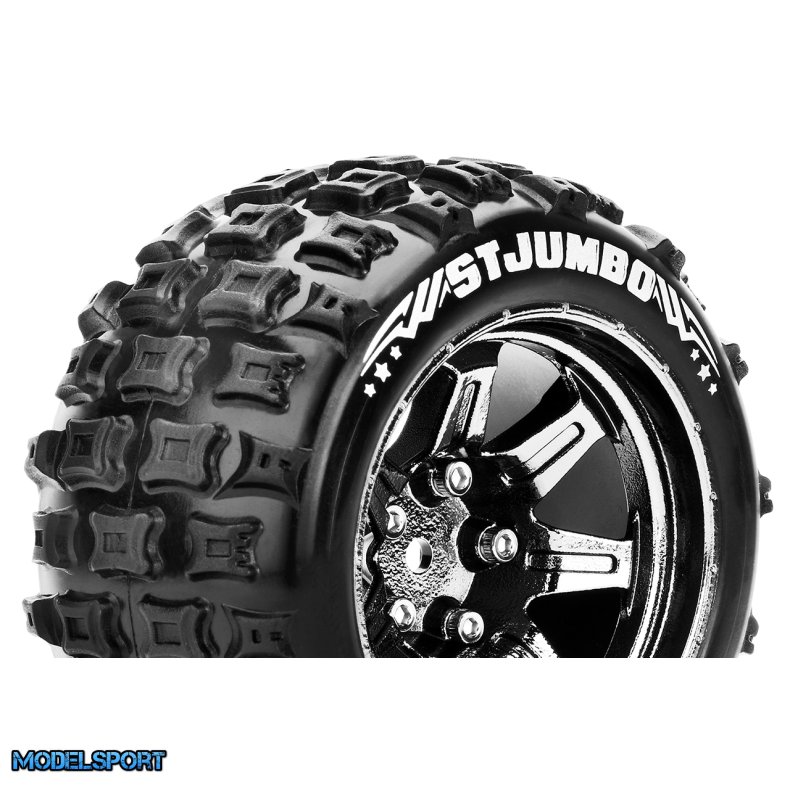 Louise RC - ST-JUMBO - 1-10 Stadium Truck Tire Set - Mounted - Sport - Black Chrome 2.8 Wheels - Hex 14mm - L-T3210SBCM