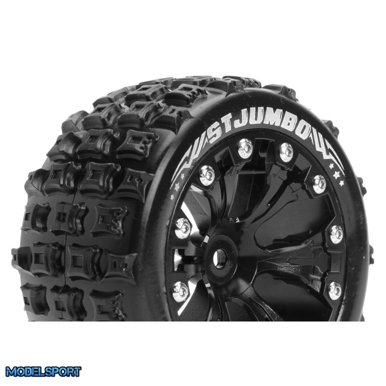 Louise RC - ST-JUMBO - 1-10 Stadium Truck Tire Set - Mounted - Sport - Black 2.8 Wheels - Hex 14mm - L-T3210SBM