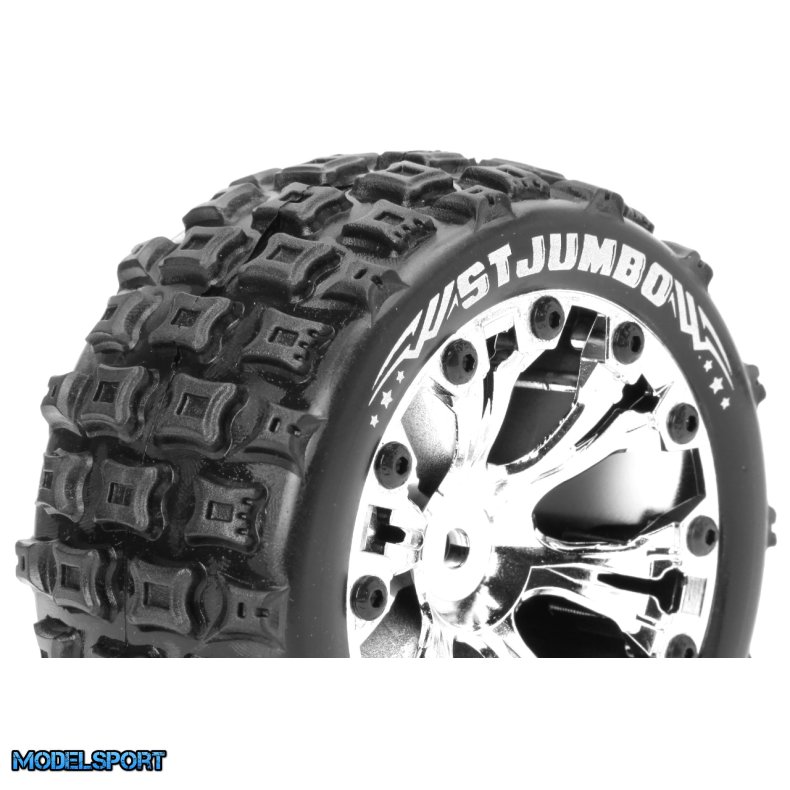 Louise RC - ST-JUMBO - 1-10 Stadium Truck Tire Set - Mounted - Sport - Chrome 2.8 Wheels - 1/2-Offset - Hex 12mm - L-T3210SCH