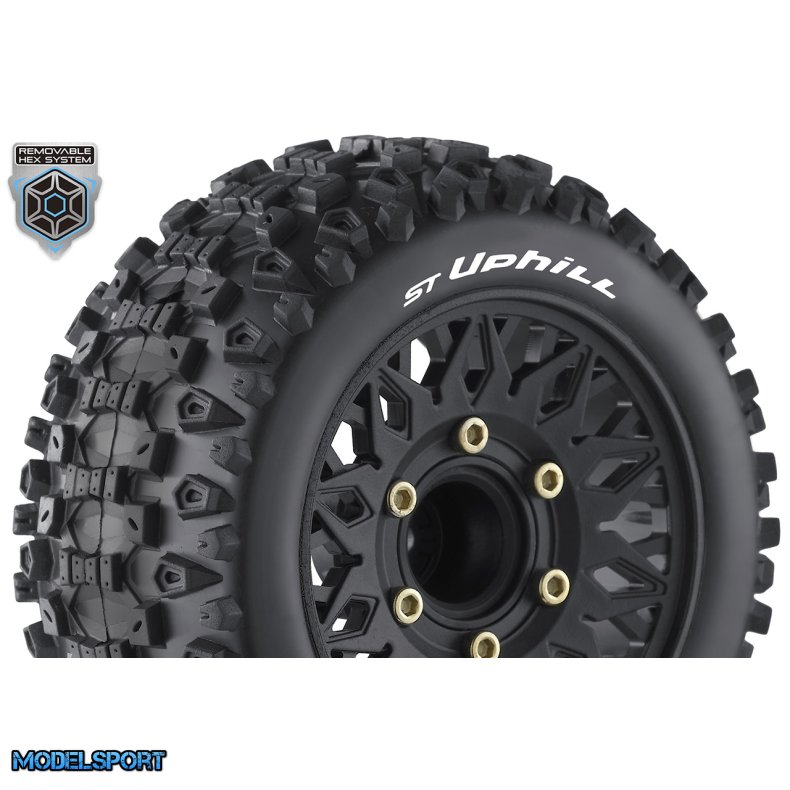 Louise RC - ST-UPHILL - 1-10 Stadium Truck Tire Set - Mounted - Sport - Black Wheels - Removable HEX 12 Narrow, 12 Wide, 14, 17mm - L-T3211SX