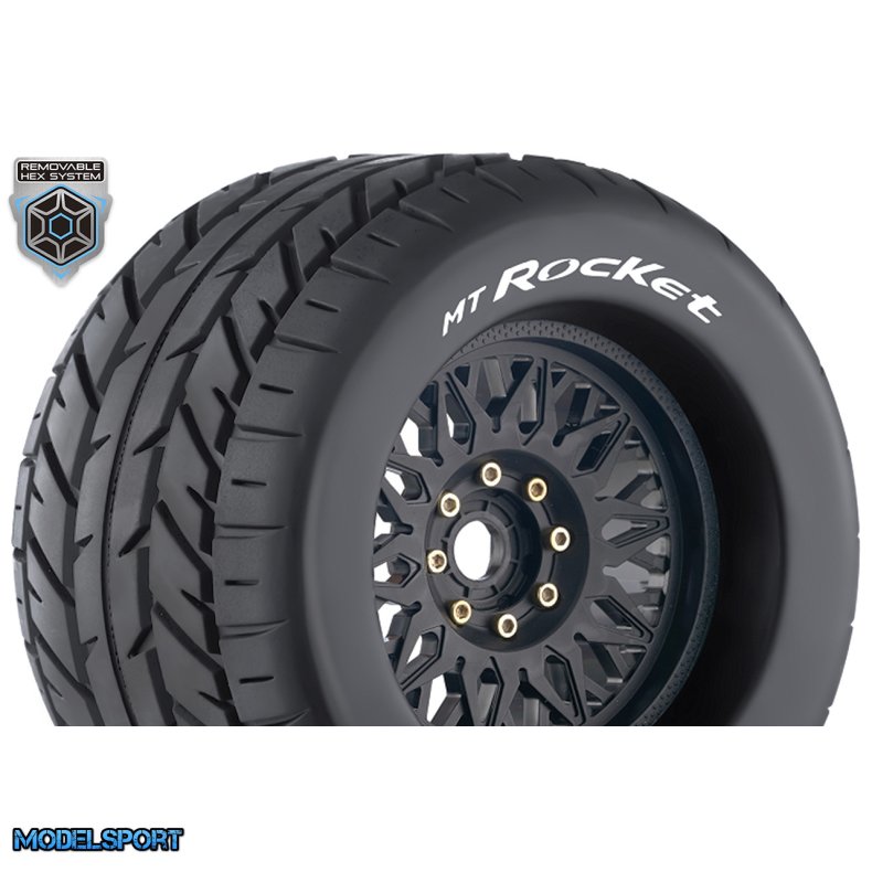 Louise RC - MT-ROCKET - 1-8 Monster Truck Tire Set - Mounted - Sport - Black Wheels - Removable 0" &amp; 1/2" OFFSET HEX 17mm - L-T3217X