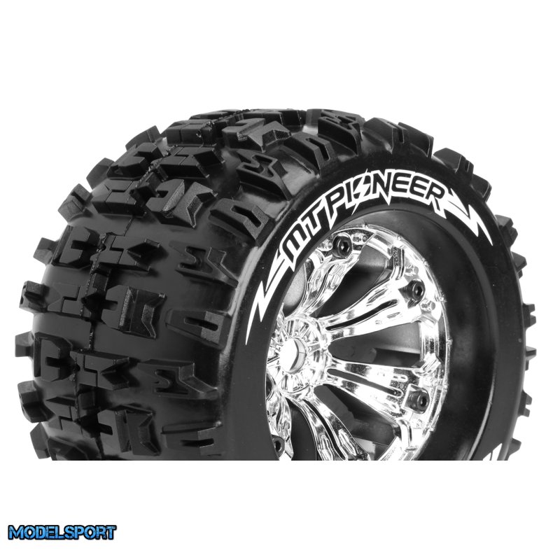 Louise RC - MT-PIONEER - 1-8 Monster Truck Tire Set - Mounted - Sport - Felgen 3.8 Chrom - 0-Offset - Hex 17mm - L-T3218C