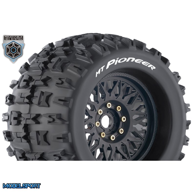 Louise RC - MT-PIONEER - 1-8 Monster Truck Tire Set - Mounted - Sport - Black Wheels - Removable 0" &amp; 1/2" OFFSET HEX 17mm - L-T3218X