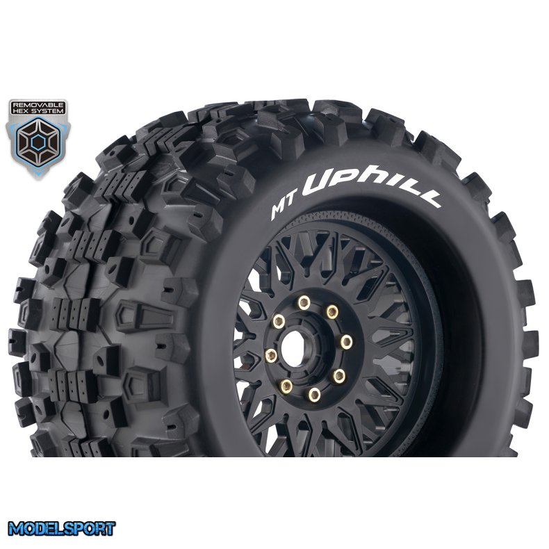 Louise RC - MT-UPHILL - 1-8 Monster Truck Tire Set - Mounted - Sport - Black Wheels - Removable 0" &amp; 1/2" OFFSET HEX 17mm - L-T3219X