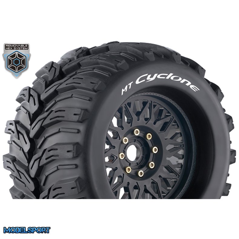 Louise RC - MT-CYCLONE - 1-8 Monster Truck Tire Set - Mounted - Sport - Black Wheels - Removable 0" &amp; 1/2" OFFSET HEX 17mm - L-T3220X